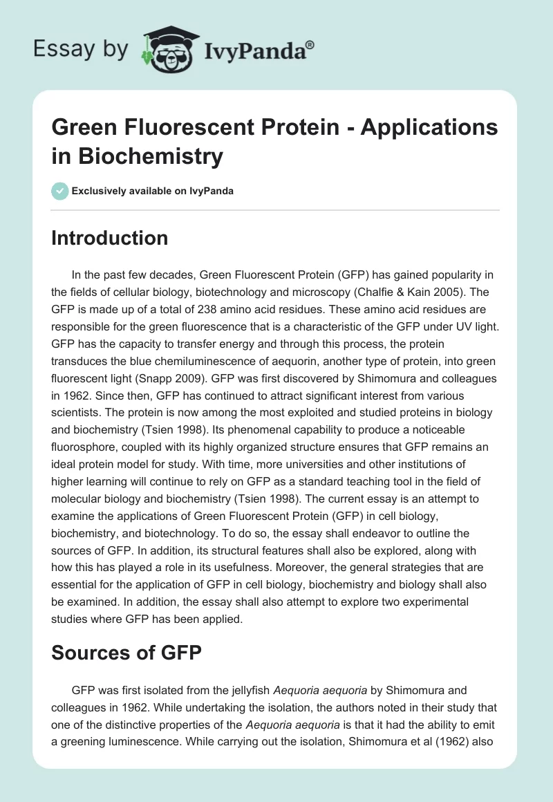 Green Fluorescent Protein - Applications in Biochemistry. Page 1