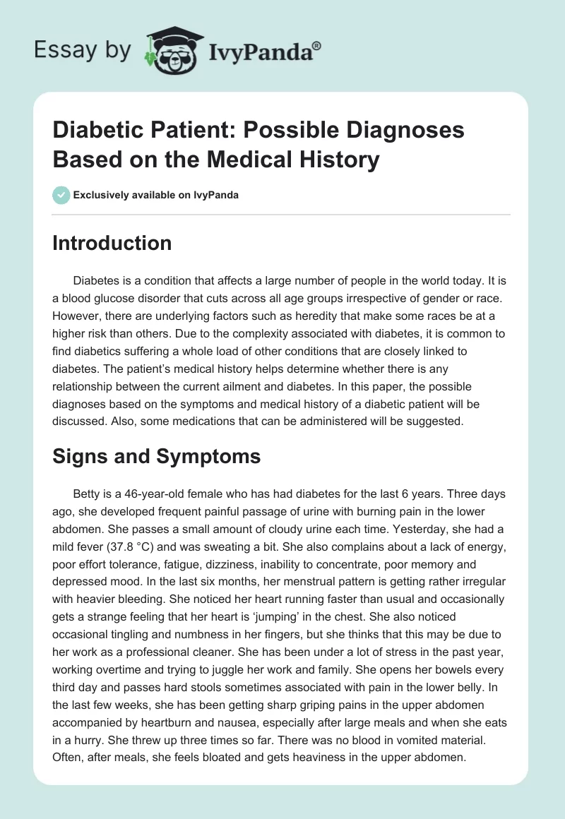 Diabetic Patient: Possible Diagnoses Based on the Medical History. Page 1