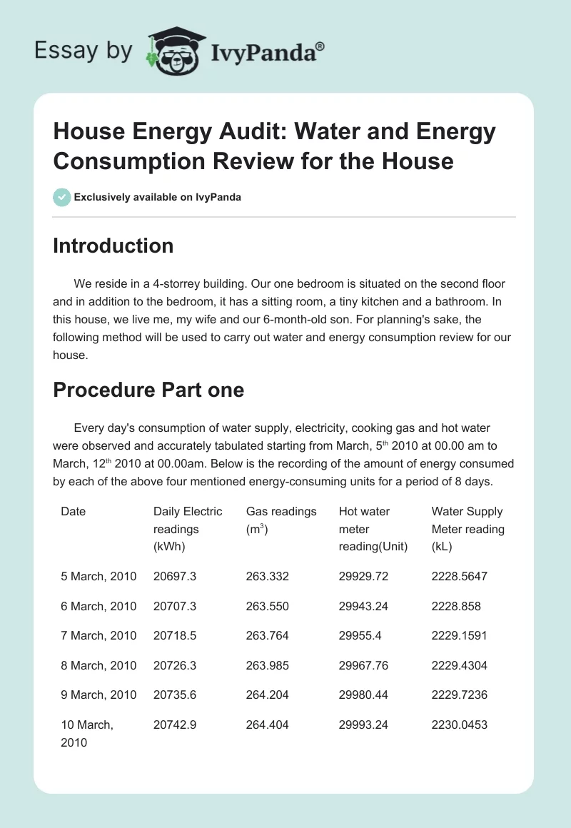 House Energy Audit: Water and Energy Consumption Review for the House. Page 1