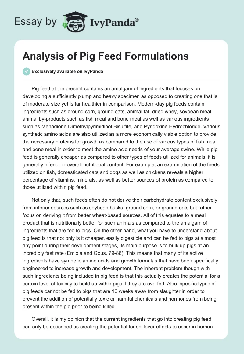 Analysis of Pig Feed Formulations. Page 1