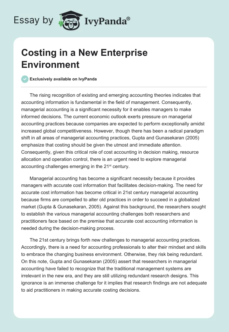 Costing in a New Enterprise Environment. Page 1