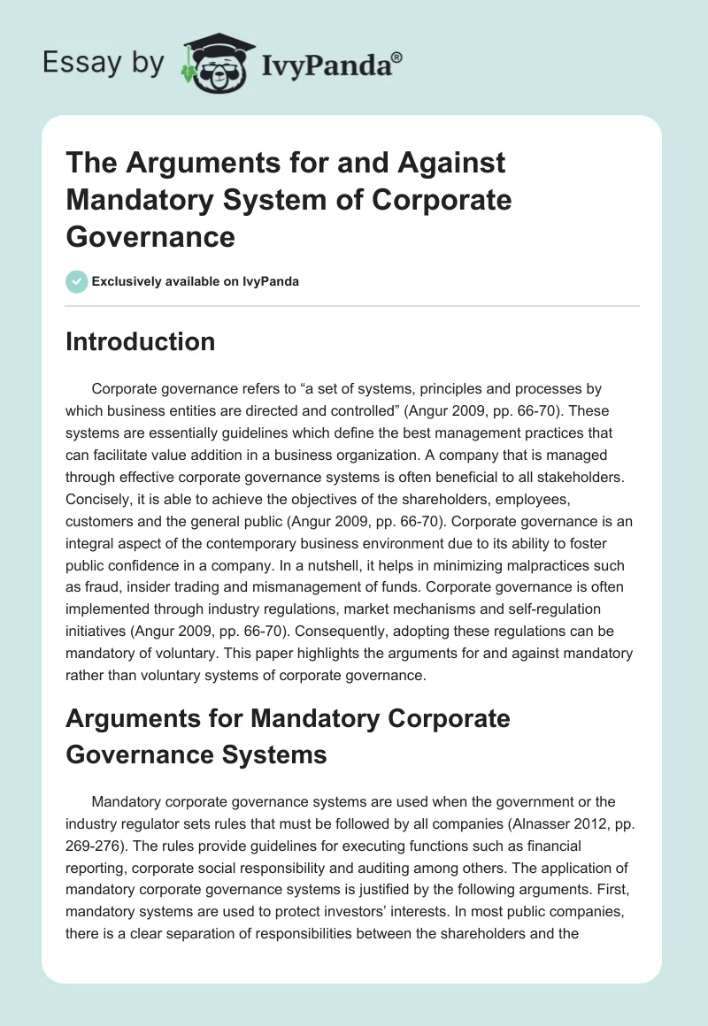 The Arguments for and Against Mandatory System of Corporate Governance. Page 1