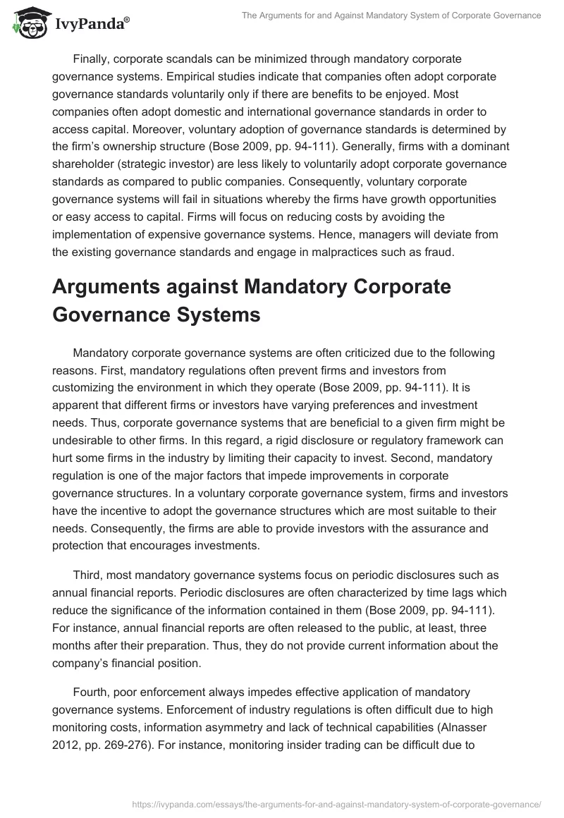 The Arguments for and Against Mandatory System of Corporate Governance. Page 3