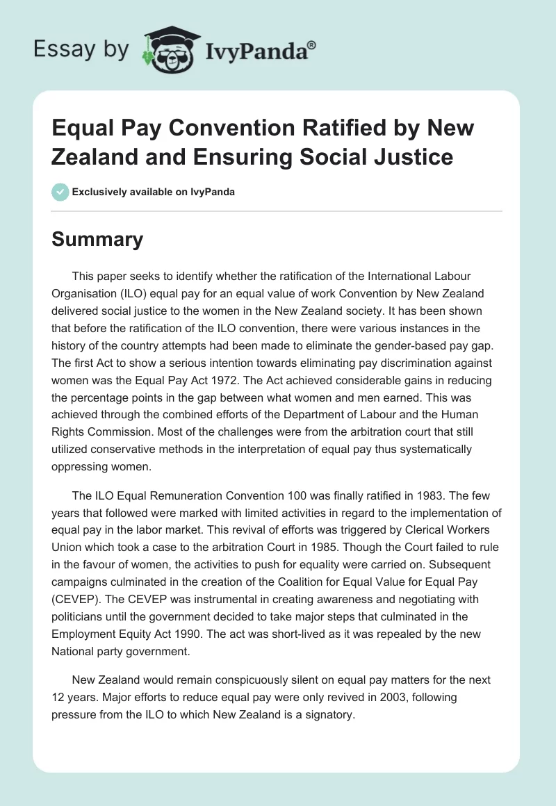 Equal Pay Convention Ratified by New Zealand and Ensuring Social Justice. Page 1