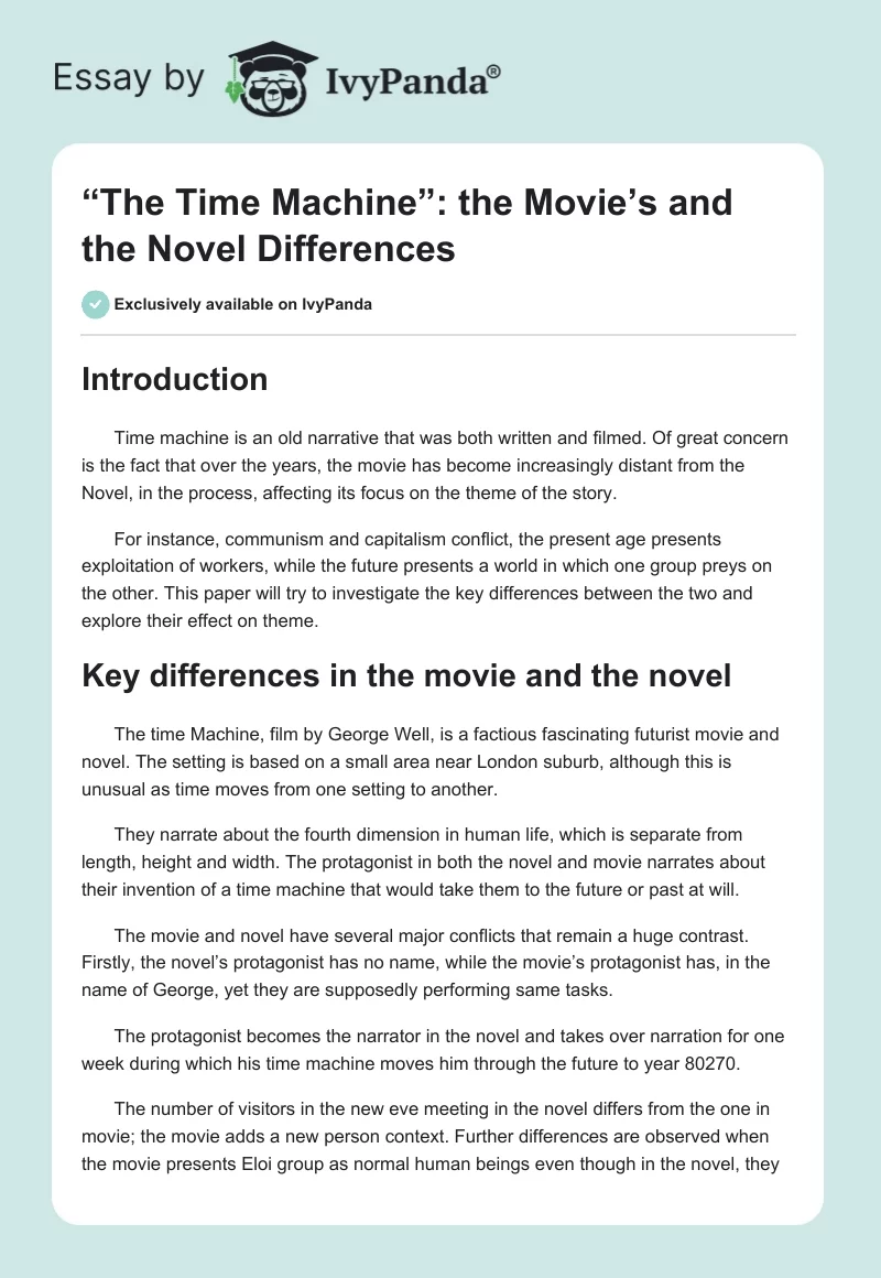 “The Time Machine”: the Movie’s and the Novel Differences. Page 1