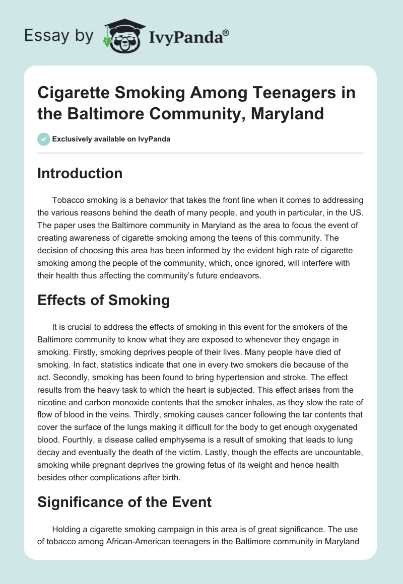 Cigarette Smoking Among Teenagers in the Baltimore Community, Maryland. Page 1