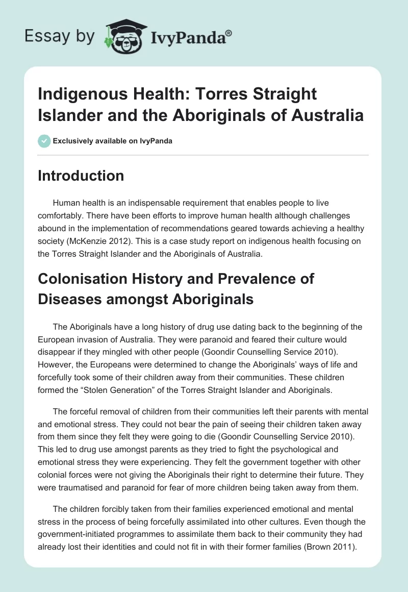 Indigenous Health: Torres Straight Islander and the Aboriginals of Australia. Page 1