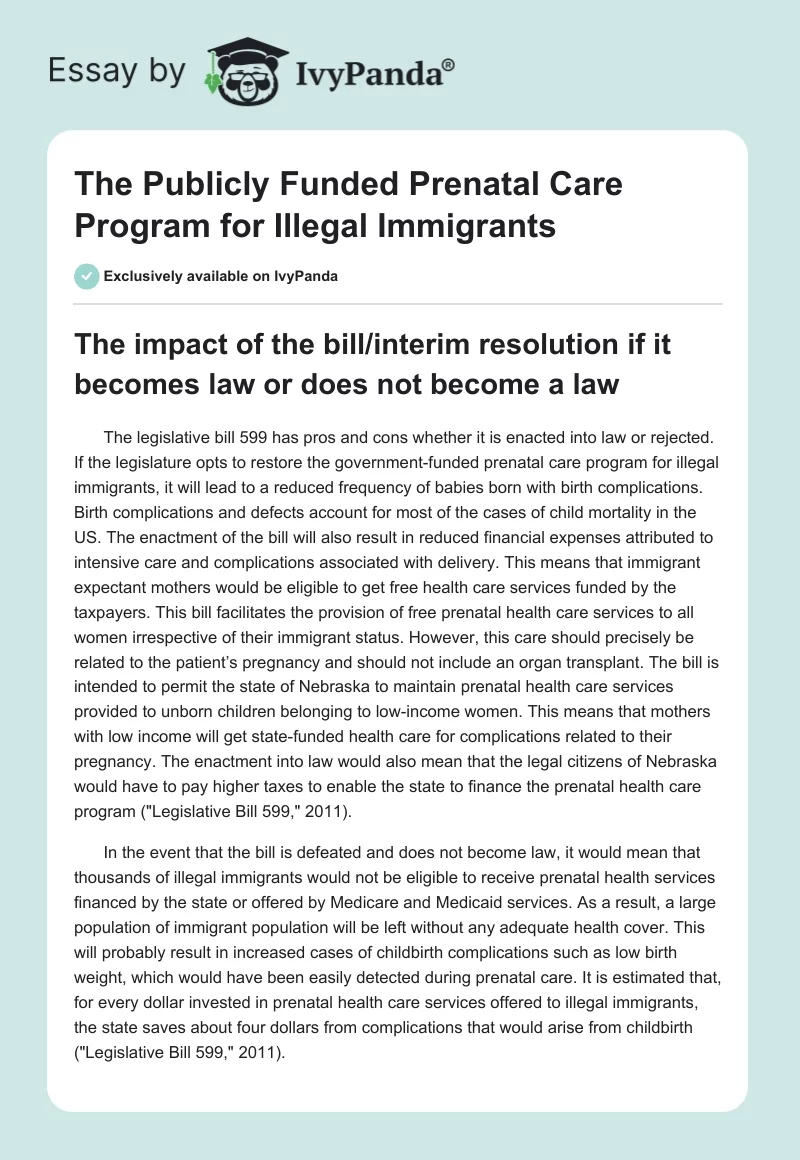 The Publicly Funded Prenatal Care Program for Illegal Immigrants. Page 1