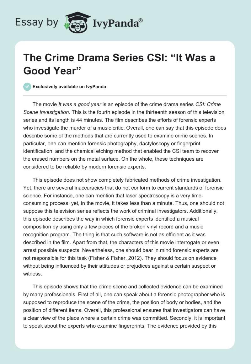 The Crime Drama Series CSI: “It Was a Good Year”. Page 1
