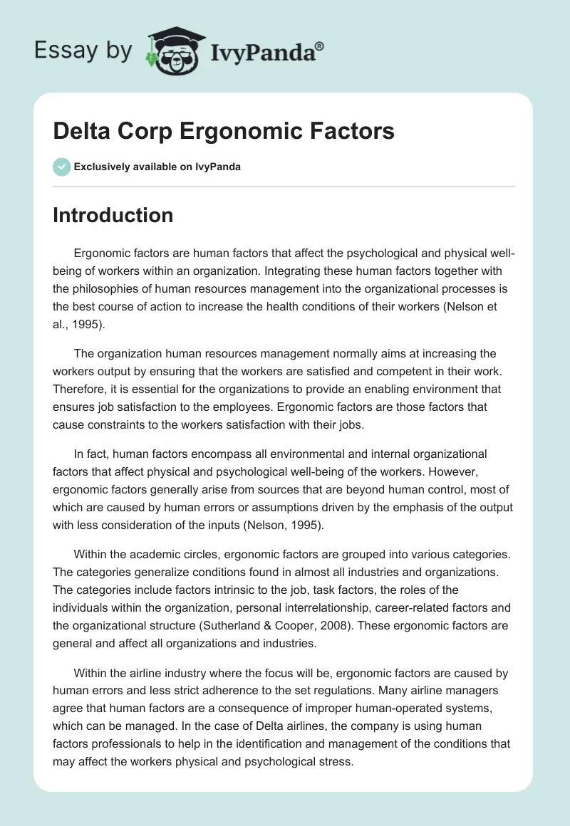 Delta Corp Ergonomic Factors. Page 1