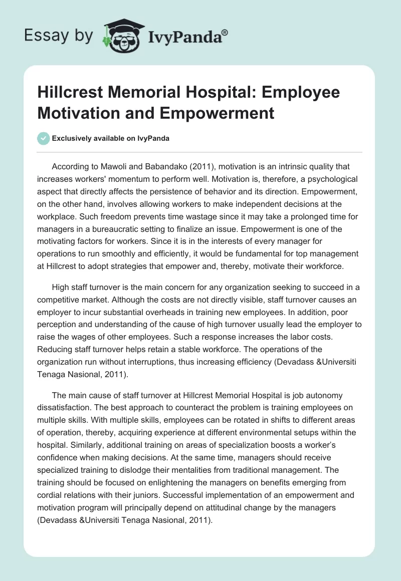 Hillcrest Memorial Hospital: Employee Motivation and Empowerment. Page 1