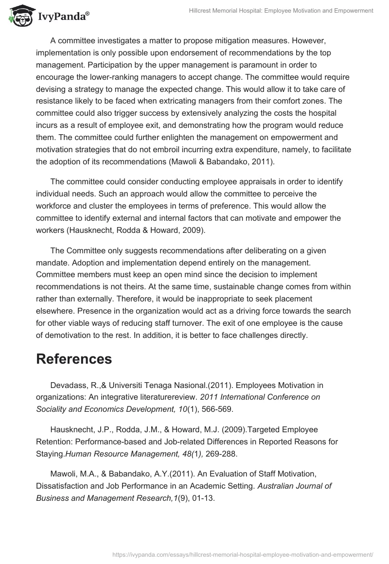Hillcrest Memorial Hospital: Employee Motivation and Empowerment. Page 2