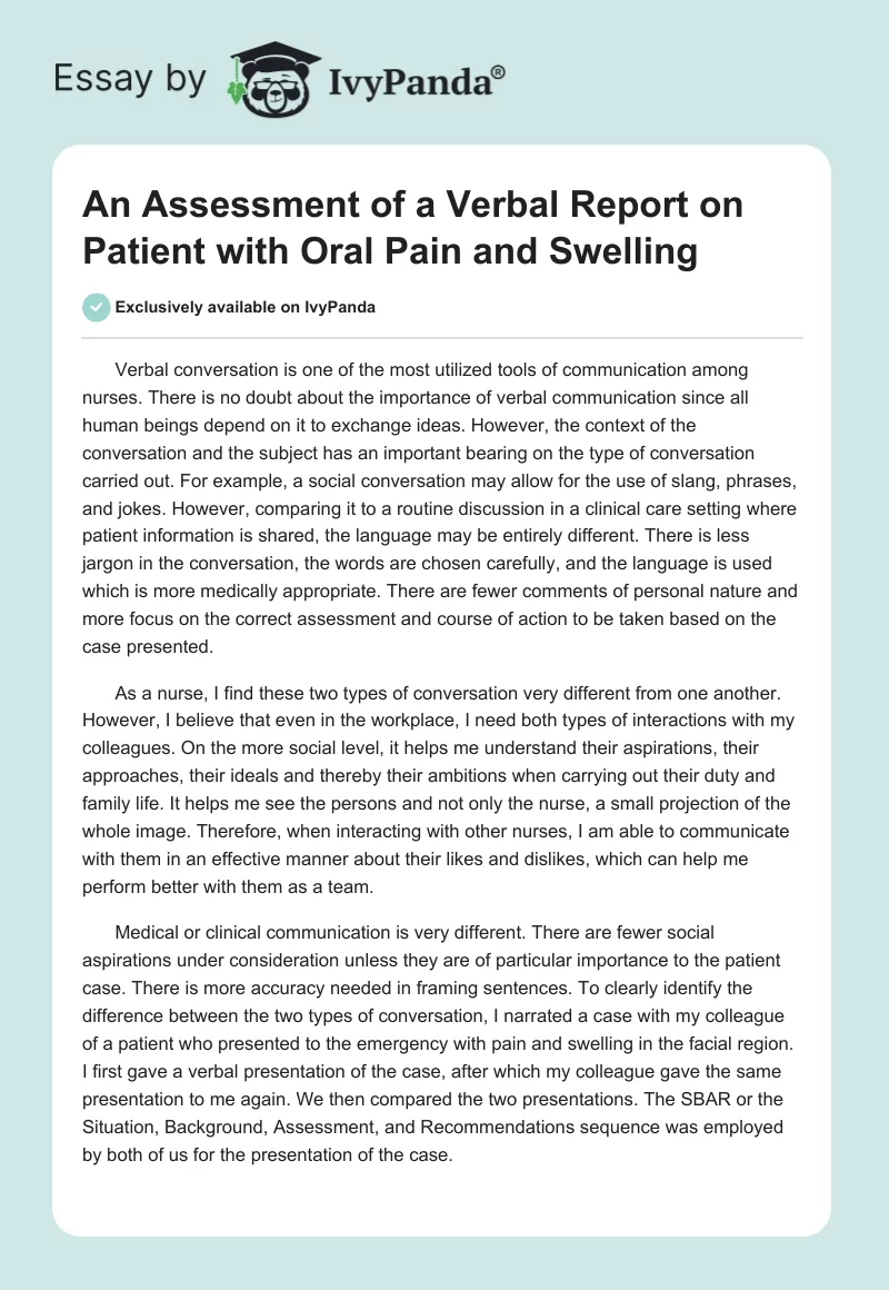 An Assessment of a Verbal Report on Patient with Oral Pain and Swelling. Page 1