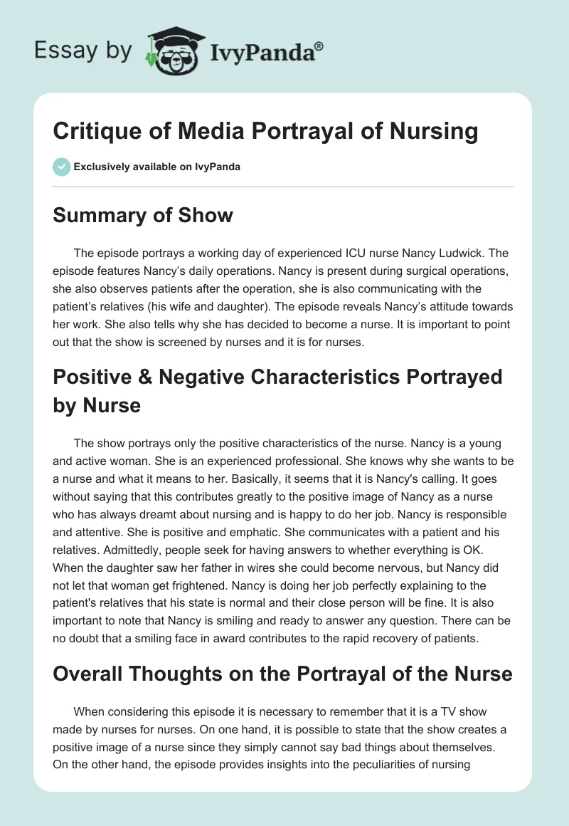 Critique of Media Portrayal of Nursing. Page 1