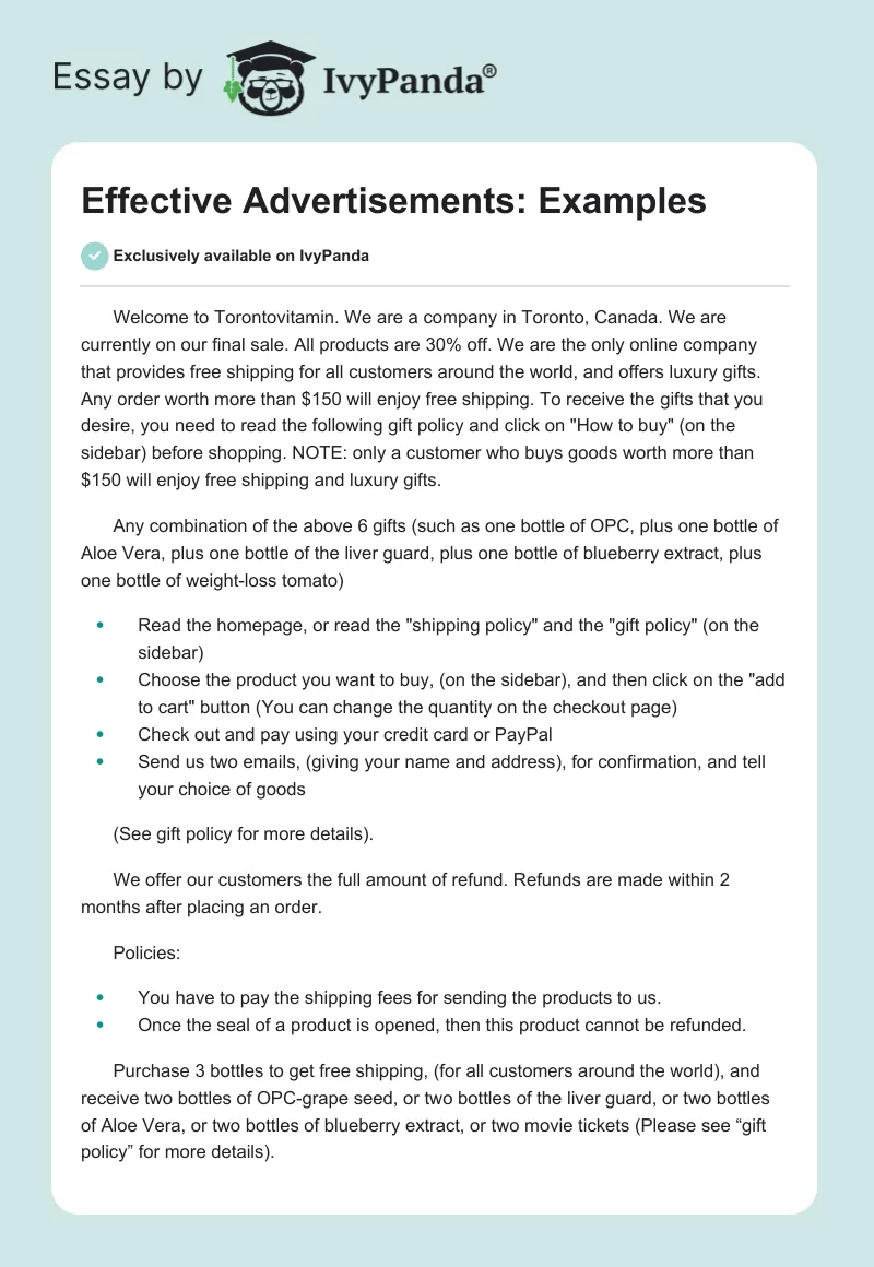 Effective Advertisements: Examples. Page 1