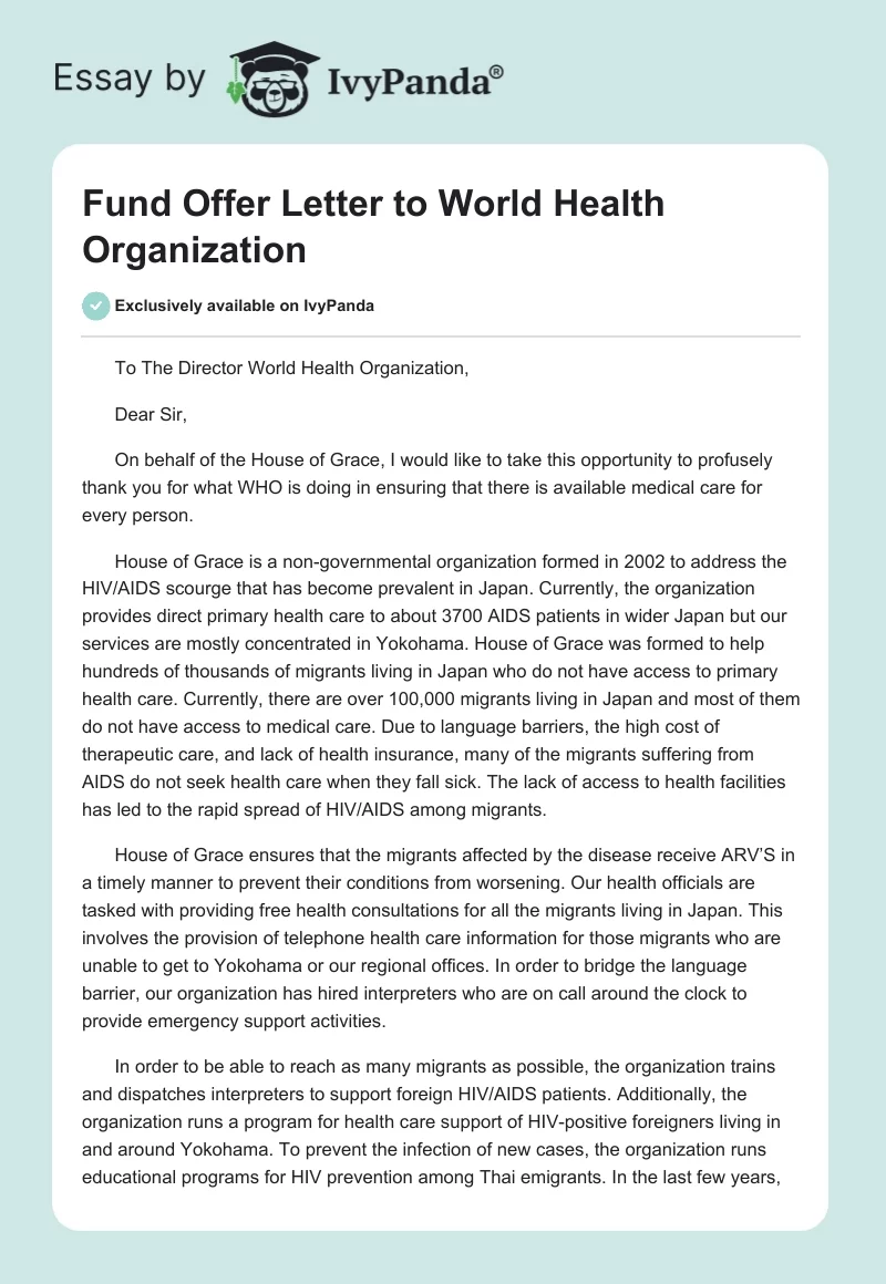 Fund Offer Letter to World Health Organization. Page 1