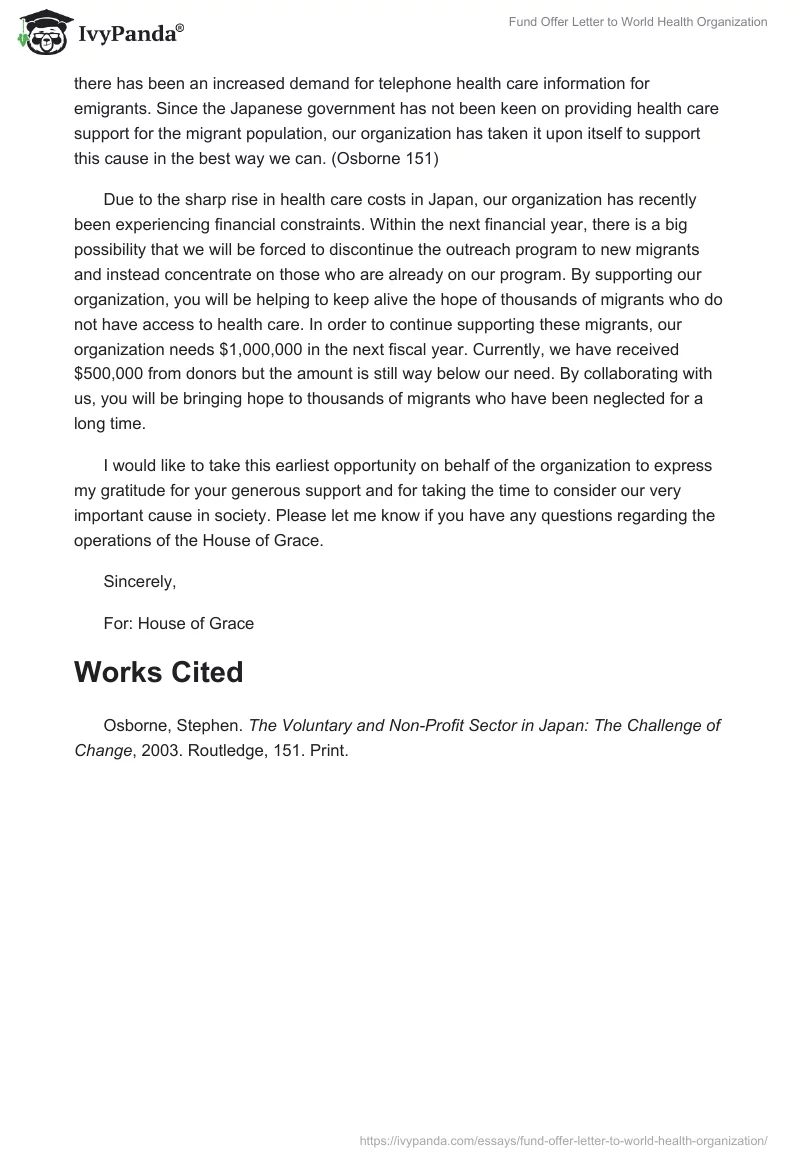 Fund Offer Letter to World Health Organization. Page 2