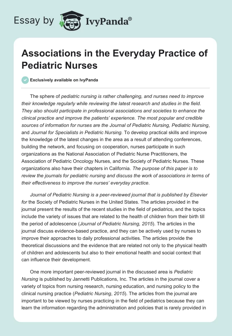 Associations in the Everyday Practice of Pediatric Nurses. Page 1