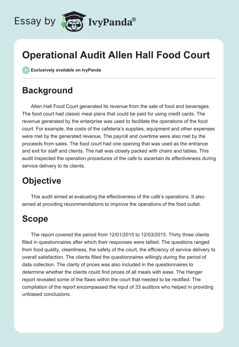 Operational Audit Allen Hall Food Court. Page 1