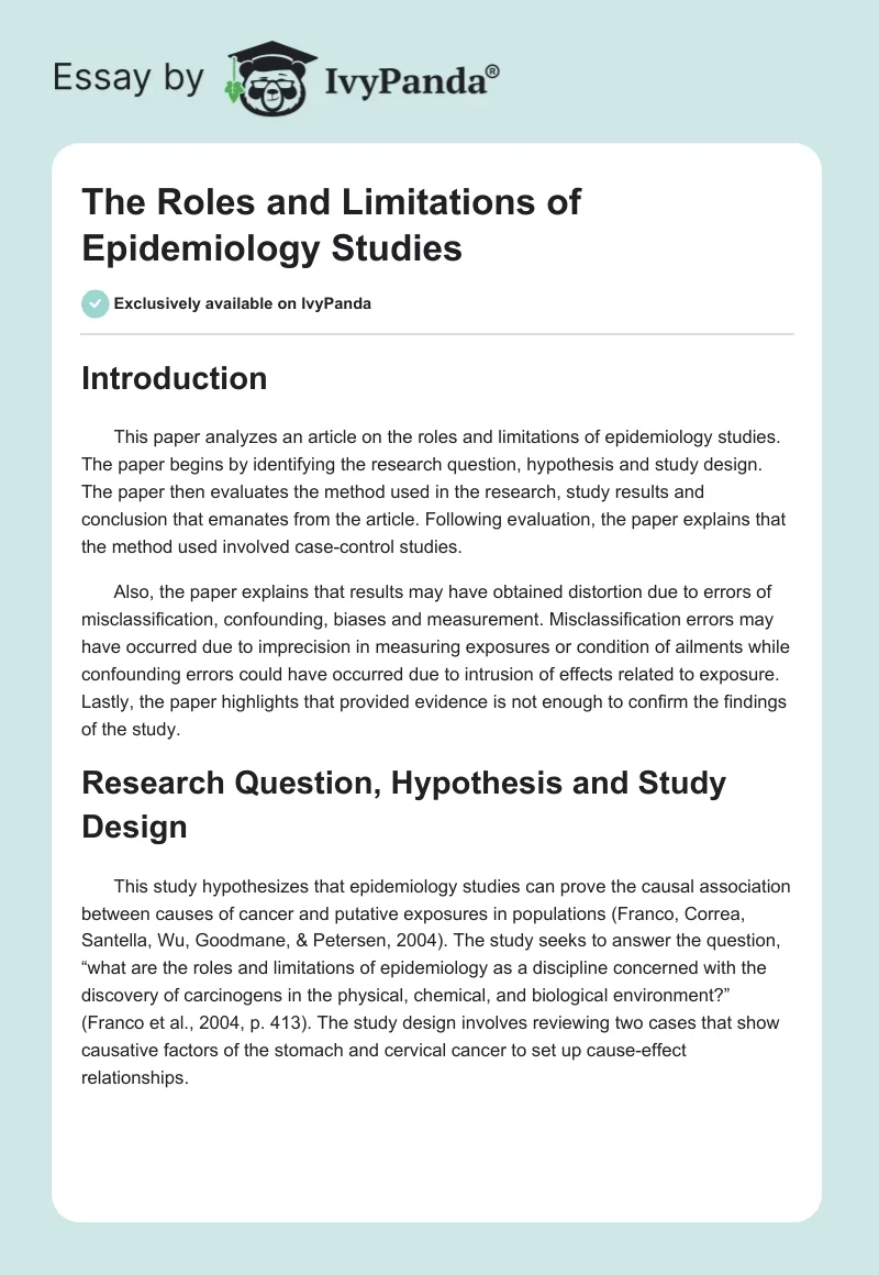 The Roles and Limitations of Epidemiology Studies. Page 1