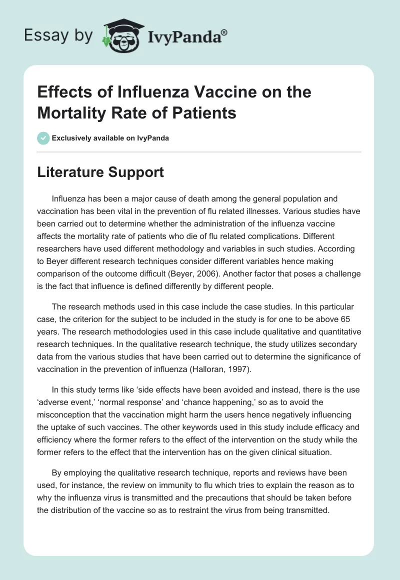 Effects of Influenza Vaccine on the Mortality Rate of Patients. Page 1