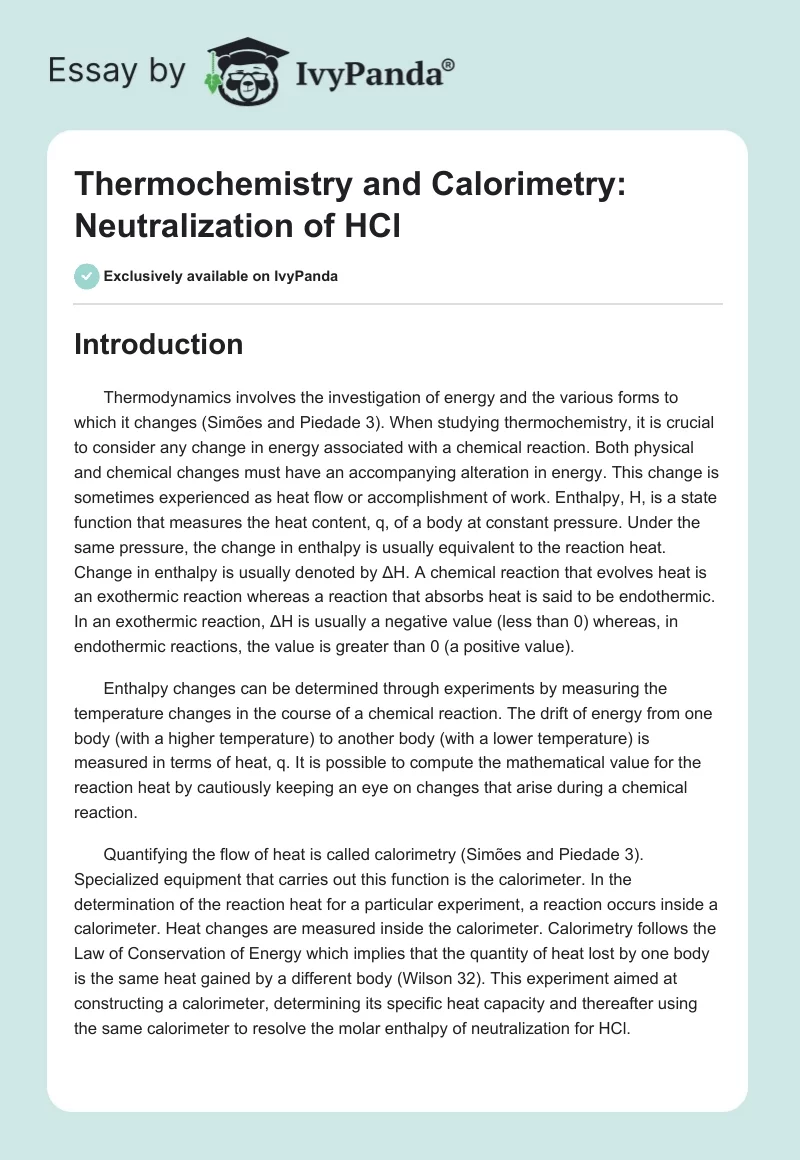 Thermochemistry and Calorimetry: Neutralization of HCl. Page 1