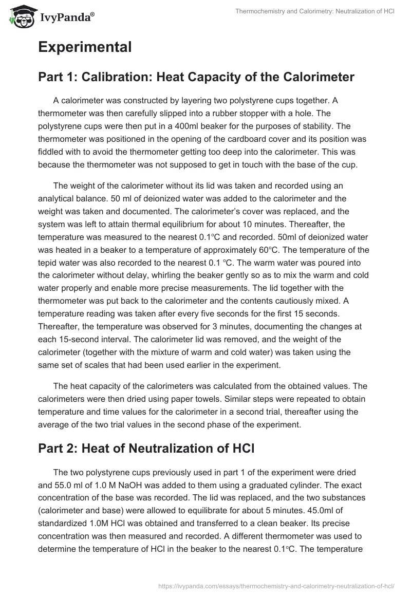 Thermochemistry and Calorimetry: Neutralization of HCl. Page 2
