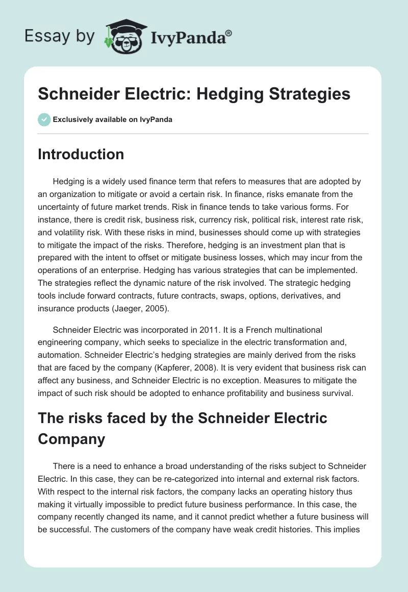 Schneider Electric: Hedging Strategies. Page 1