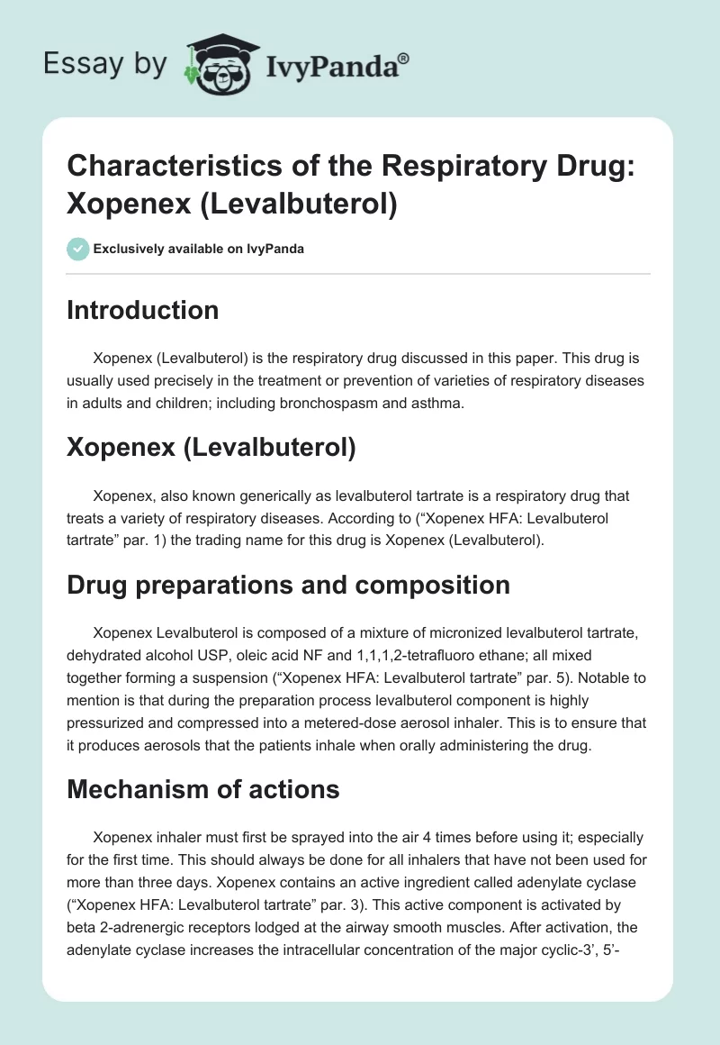 Characteristics of the Respiratory Drug: Xopenex (Levalbuterol). Page 1