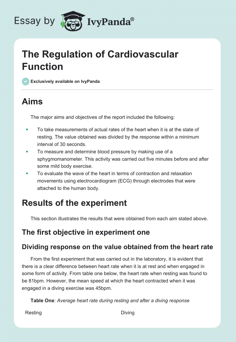 The Regulation of Cardiovascular Function. Page 1