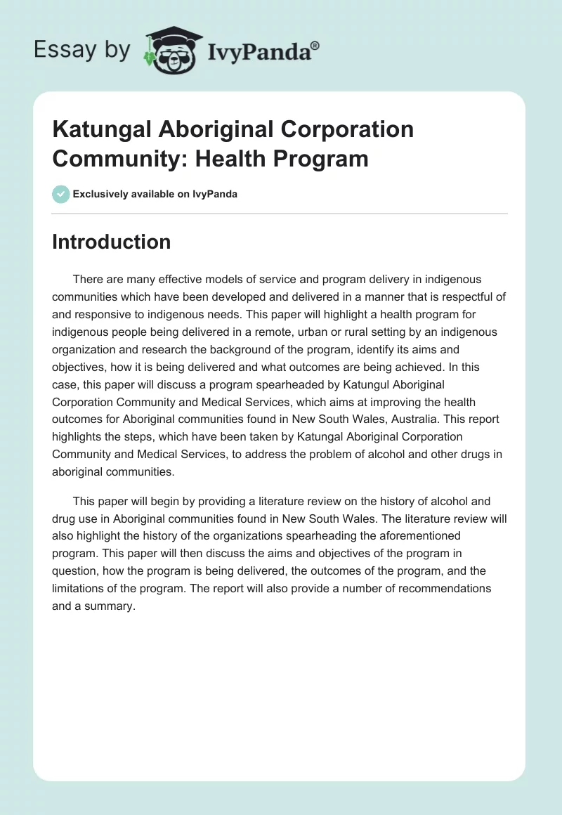 Katungal Aboriginal Corporation Community: Health Program. Page 1