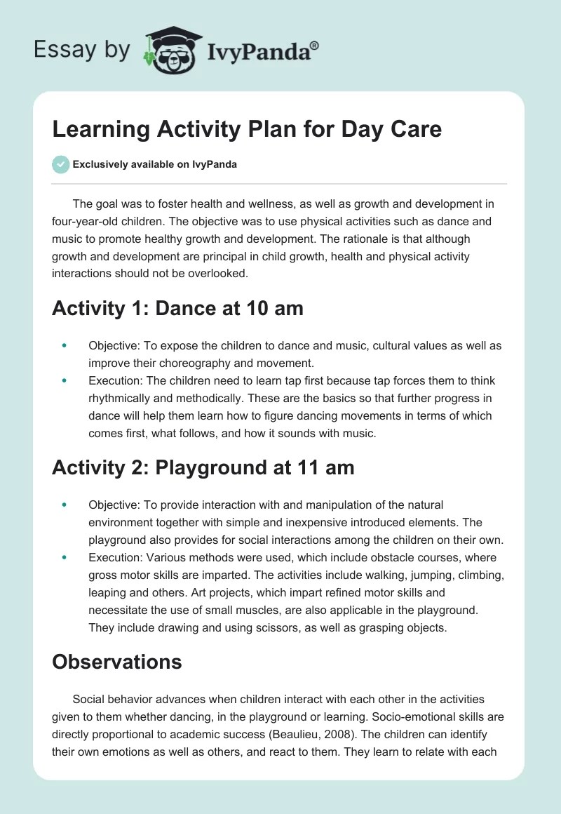 Learning Activity Plan for Day Care. Page 1
