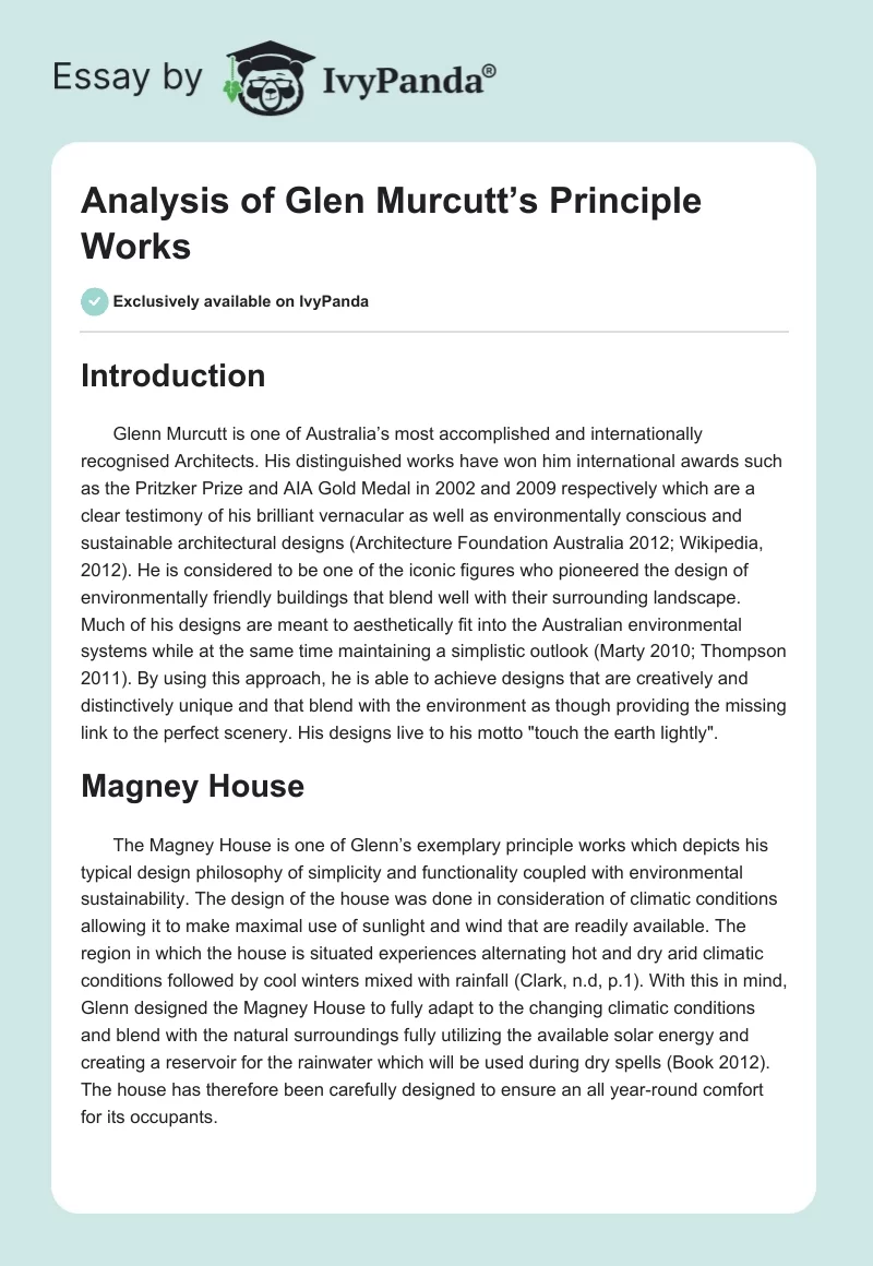 Analysis of Glen Murcutt’s Principle Works. Page 1