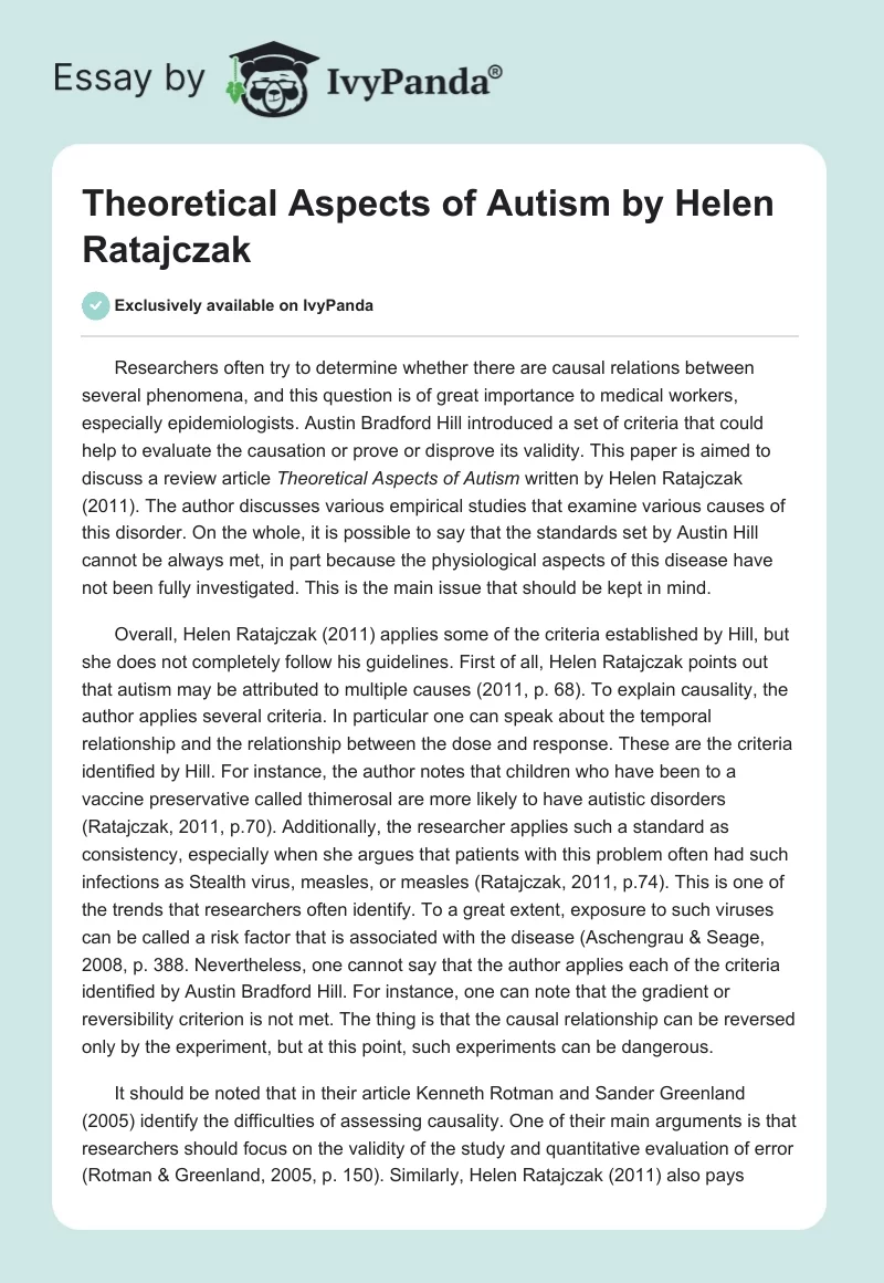 "Theoretical Aspects of Autism" by Helen Ratajczak. Page 1