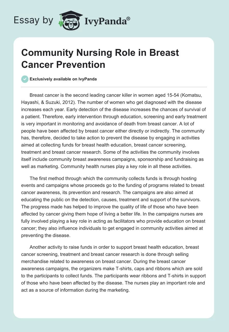 Community Nursing Role in Breast Cancer Prevention. Page 1