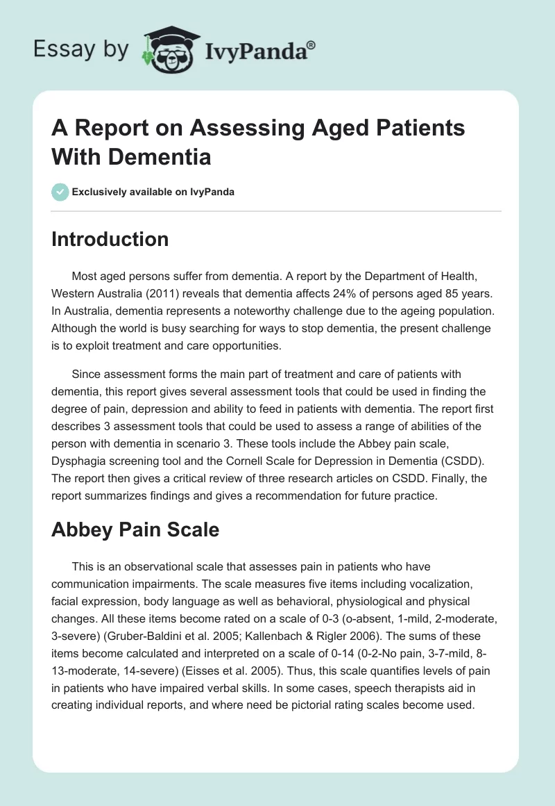 A Report on Assessing Aged Patients With Dementia. Page 1