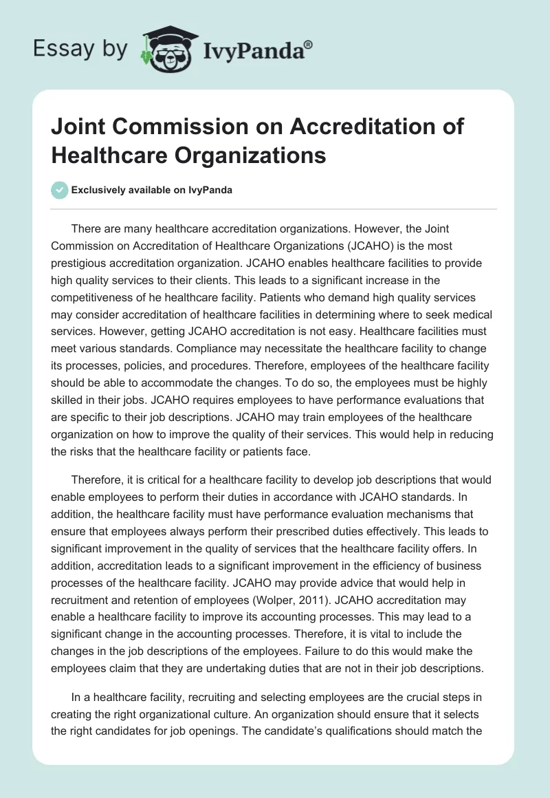 Joint Commission on Accreditation of Healthcare Organizations. Page 1