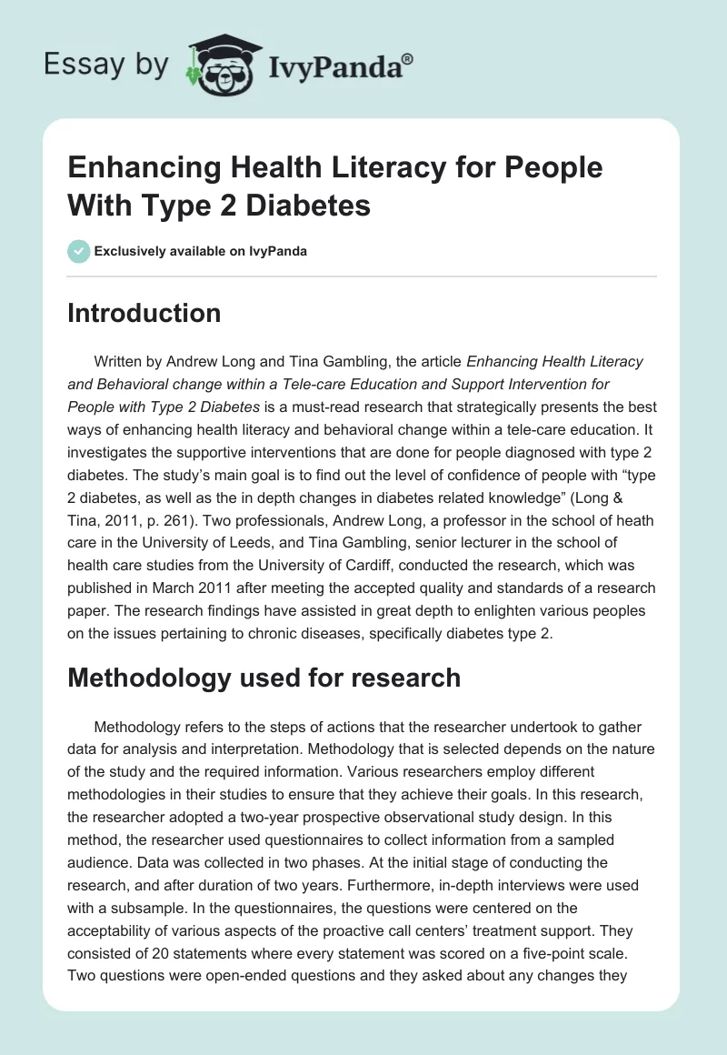 Enhancing Health Literacy for People With Type 2 Diabetes. Page 1