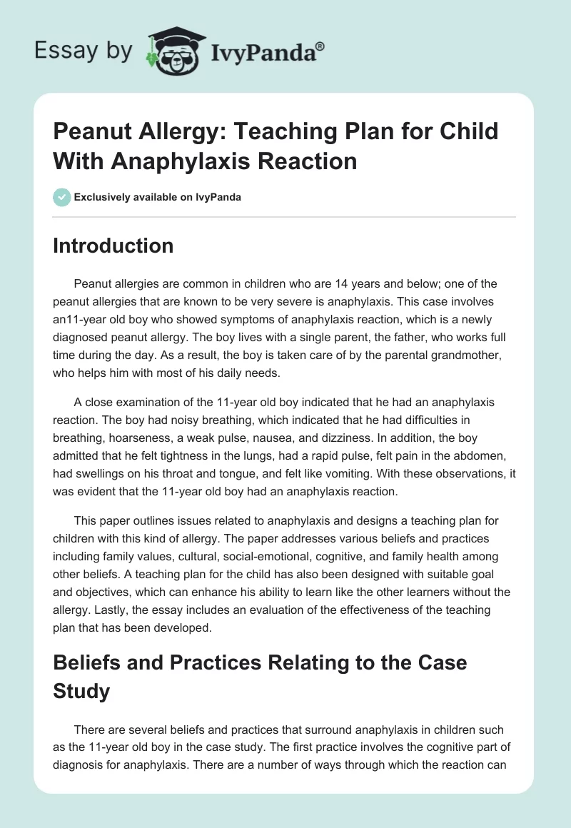 Peanut Allergy: Teaching Plan for Child With Anaphylaxis Reaction. Page 1