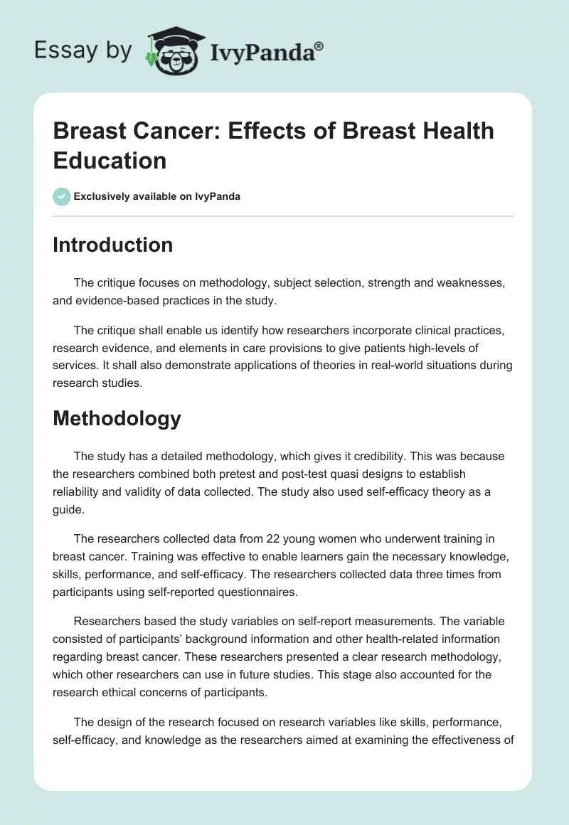 Breast Cancer: Effects of Breast Health Education. Page 1