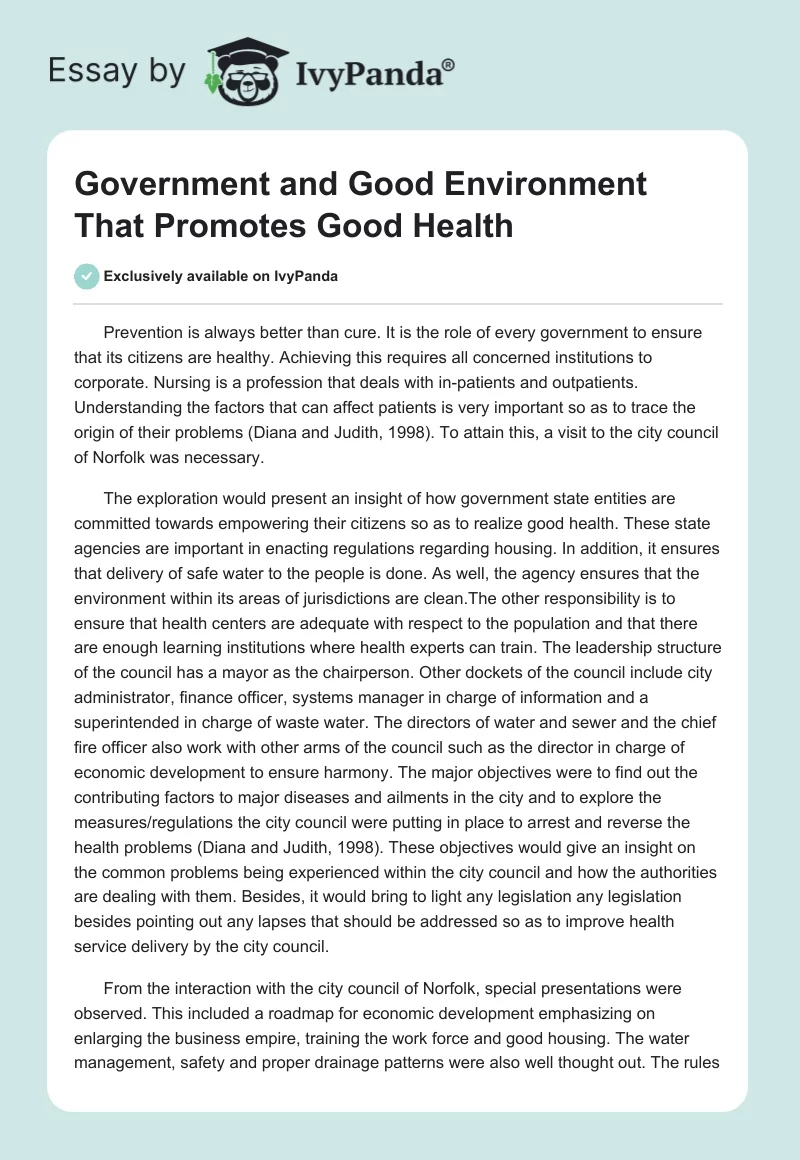 Government and Good Environment That Promotes Good Health. Page 1