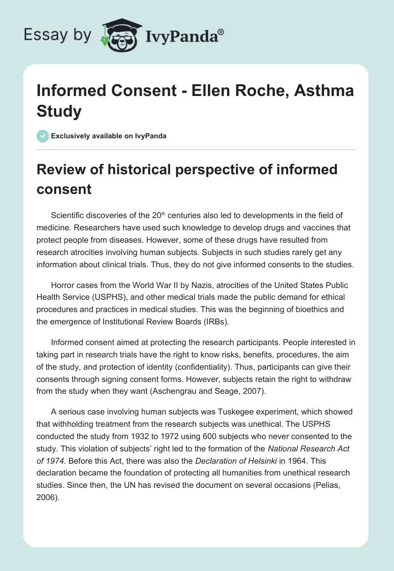 Informed Consent - Ellen Roche, Asthma Study. Page 1