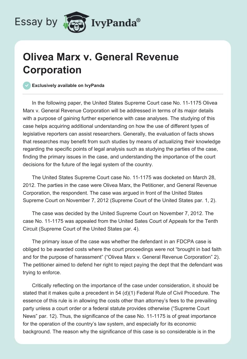 Olivea Marx v. General Revenue Corporation. Page 1