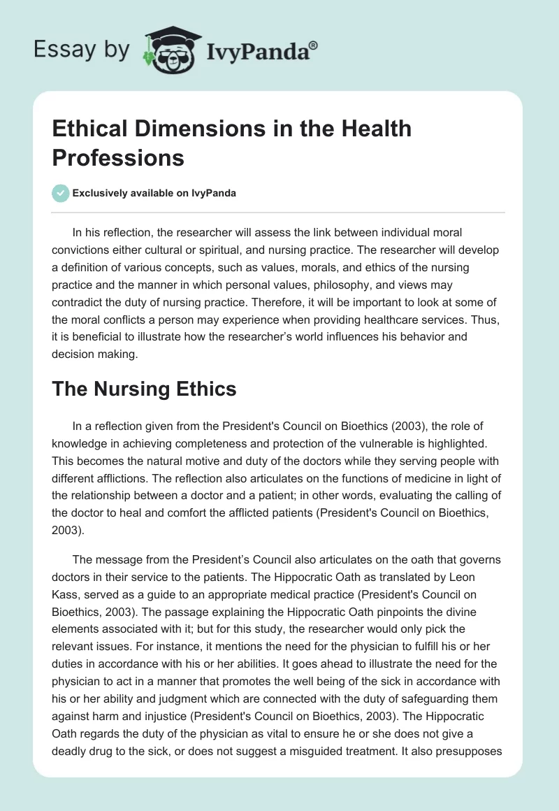 Ethical Dimensions in the Health Professions. Page 1