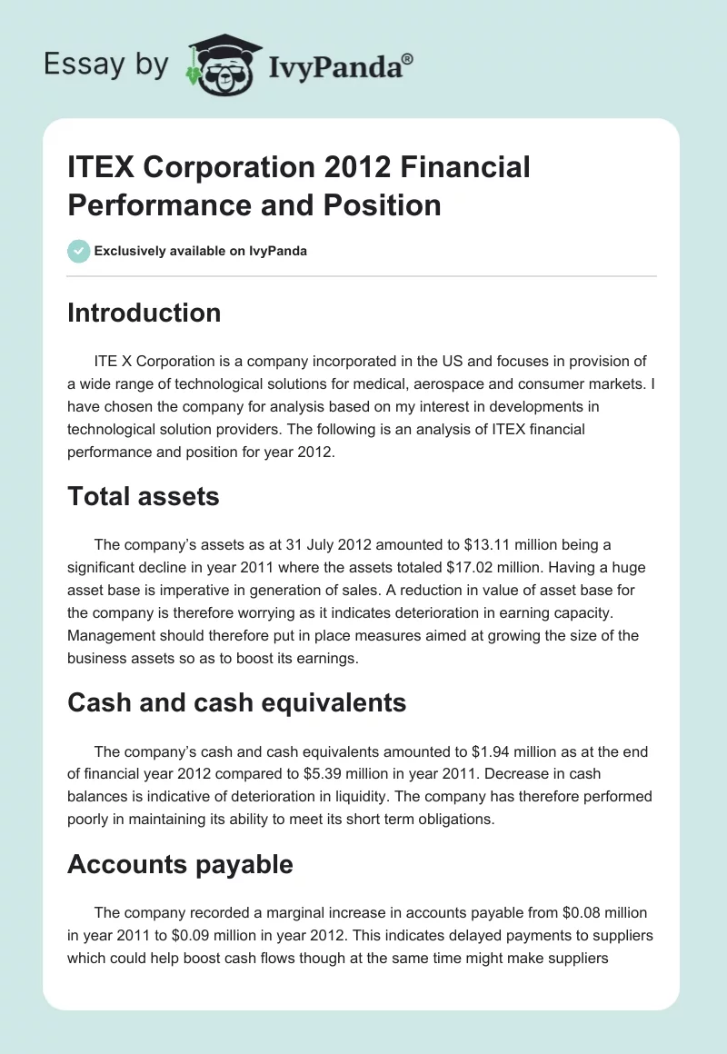ITEX Corporation 2012 Financial Performance and Position. Page 1