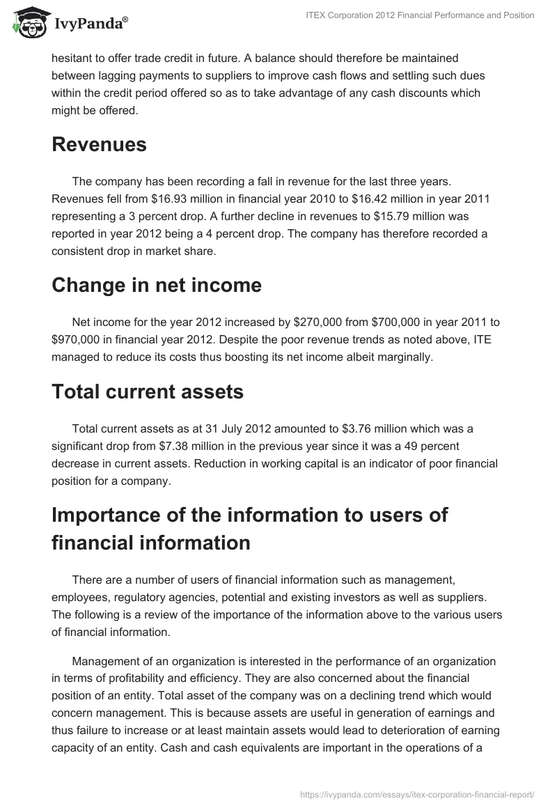 ITEX Corporation 2012 Financial Performance and Position. Page 2