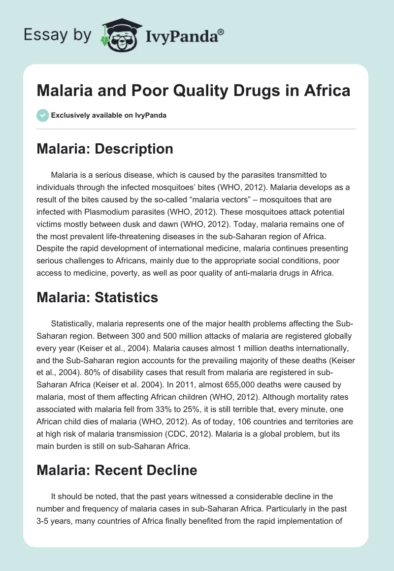 Malaria and Poor Quality Drugs in Africa. Page 1