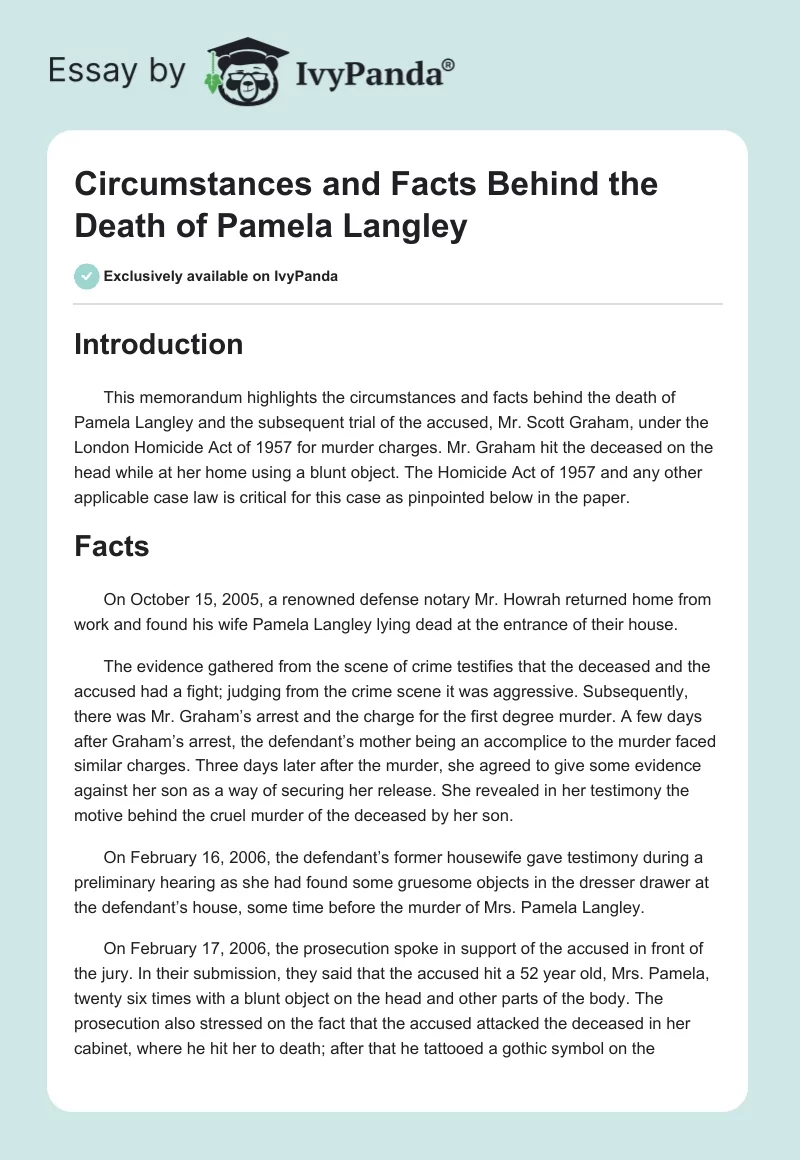 Circumstances and Facts Behind the Death of Pamela Langley. Page 1