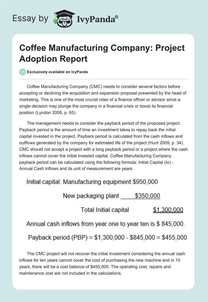 Coffee Manufacturing Company: Project Adoption Report. Page 1