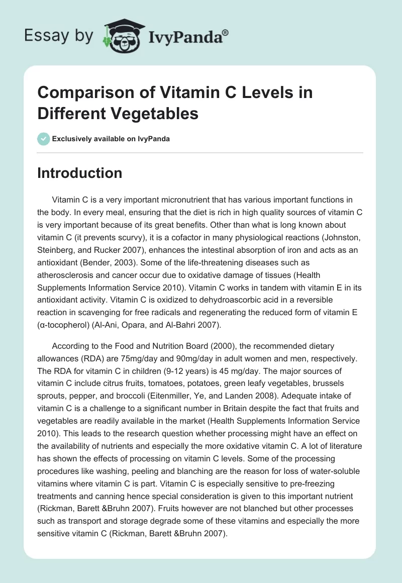 Comparison of Vitamin C Levels in Different Vegetables. Page 1